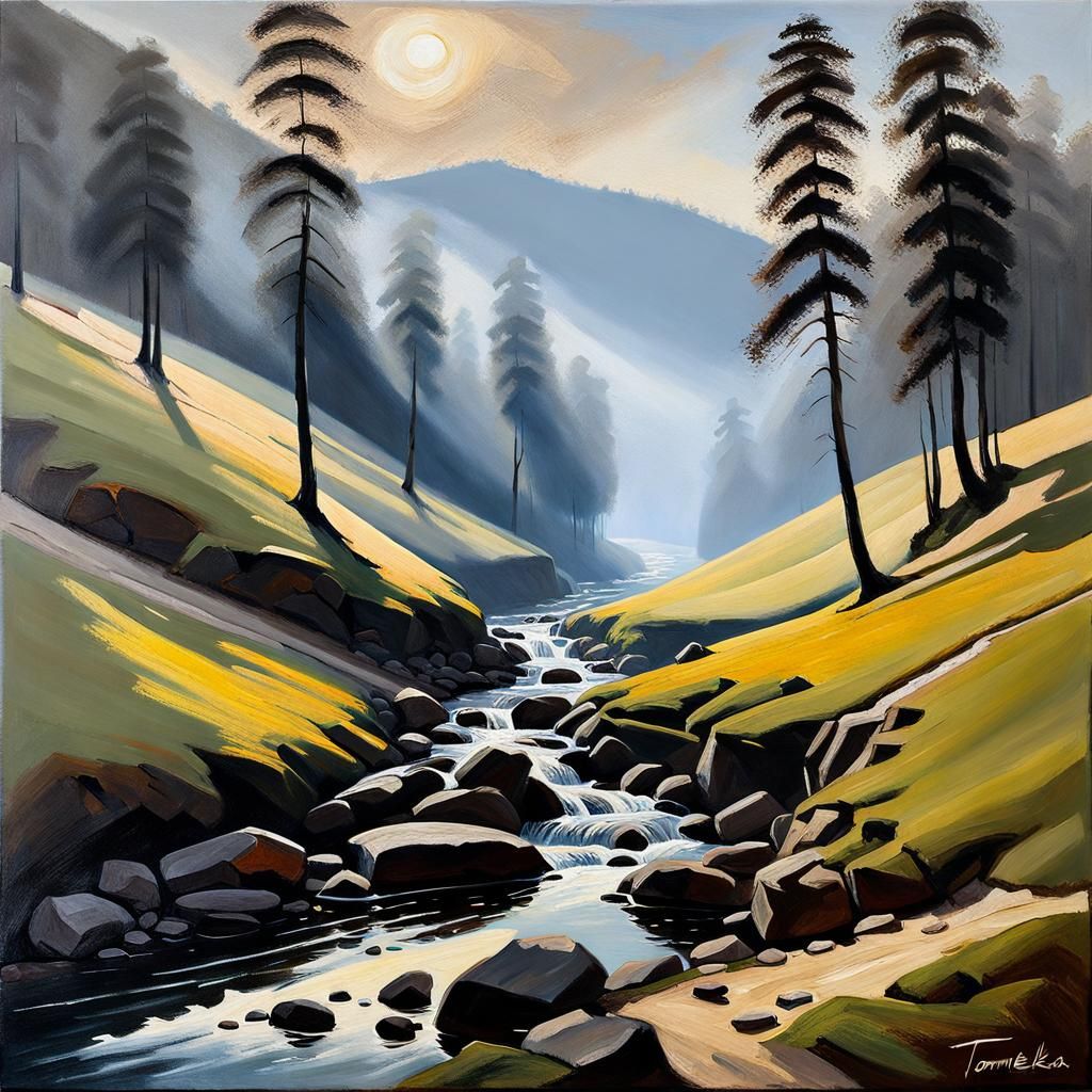 Misty Hillside Oil Painting with Rich Shades