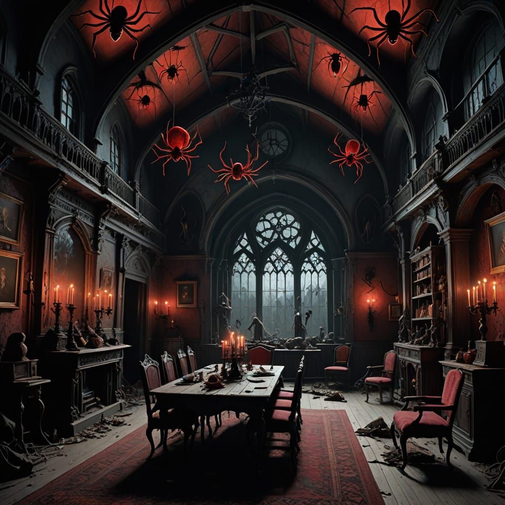 Eerie Victorian Spiders Unleash Horror in Creepy Attic Scene