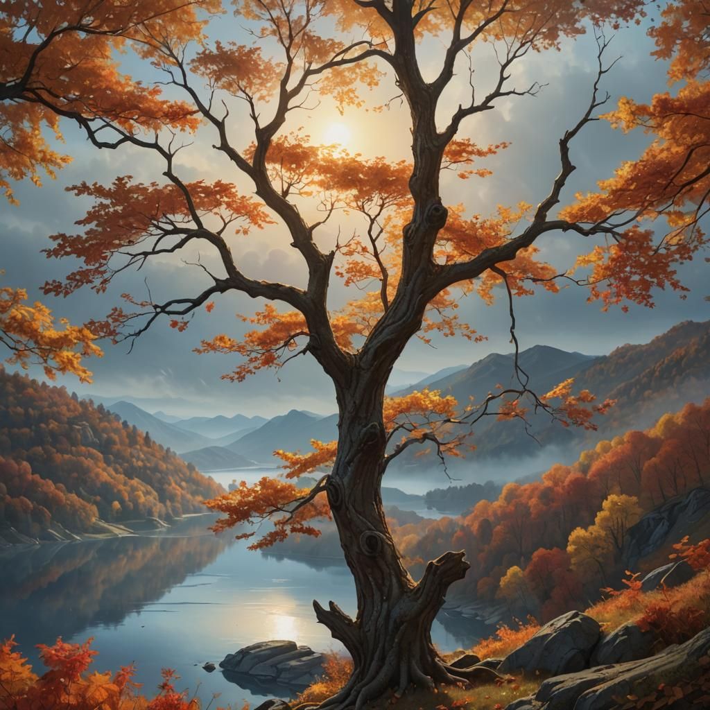 Autumnal Lakeside Tree in Photorealistic Style