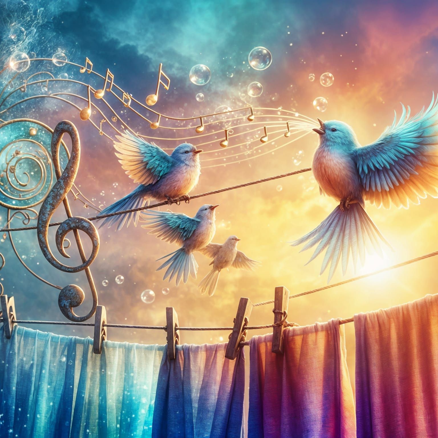 Birds' Song on Clothesline in Magic Realism