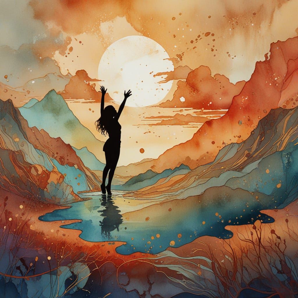 Magical Sunset Lake with Child Shadow and Music