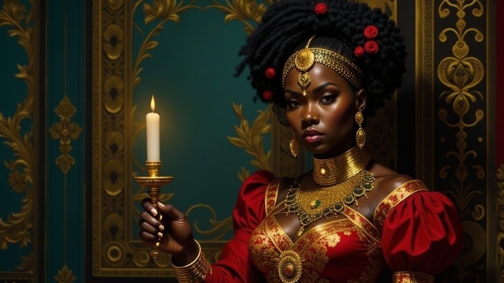 Honduran Woman in Red Dress with Candle, Rococo Style