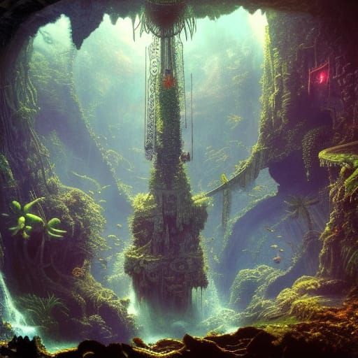 Steampunk Jungle Cavern with Cyberpunk Apparitions