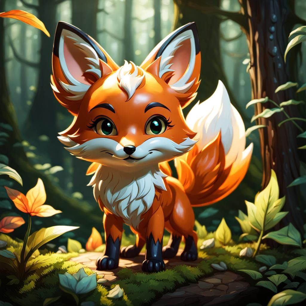 Chibi Fox in Forest: Art Nouveau Watercolor