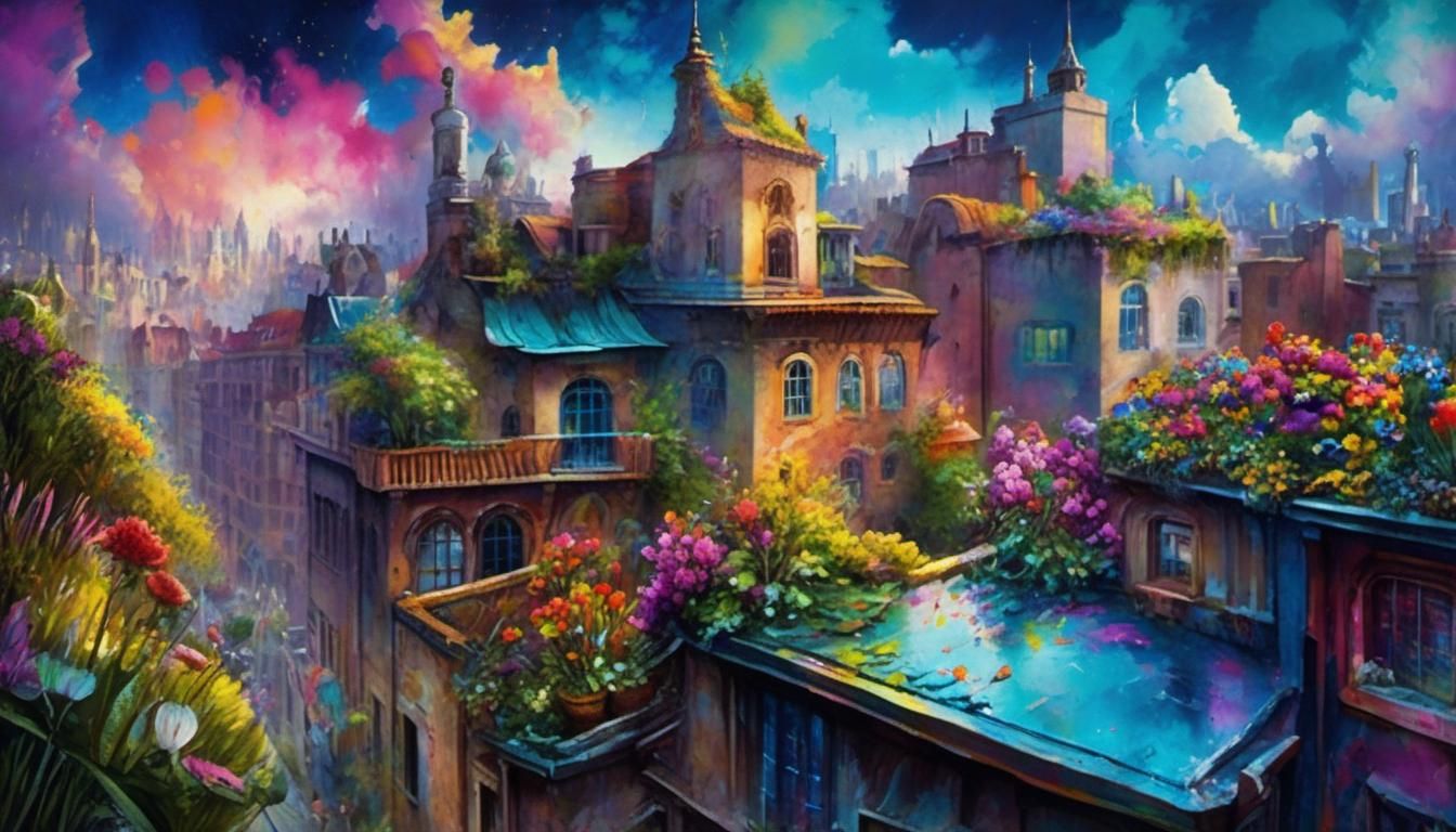 Rooftop Garden Watercolor Painting in Pastel Colors