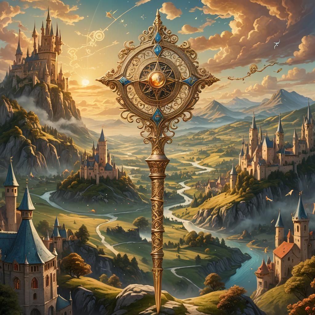 Ornate Magic Wand Over Medieval Fantasy Landscape