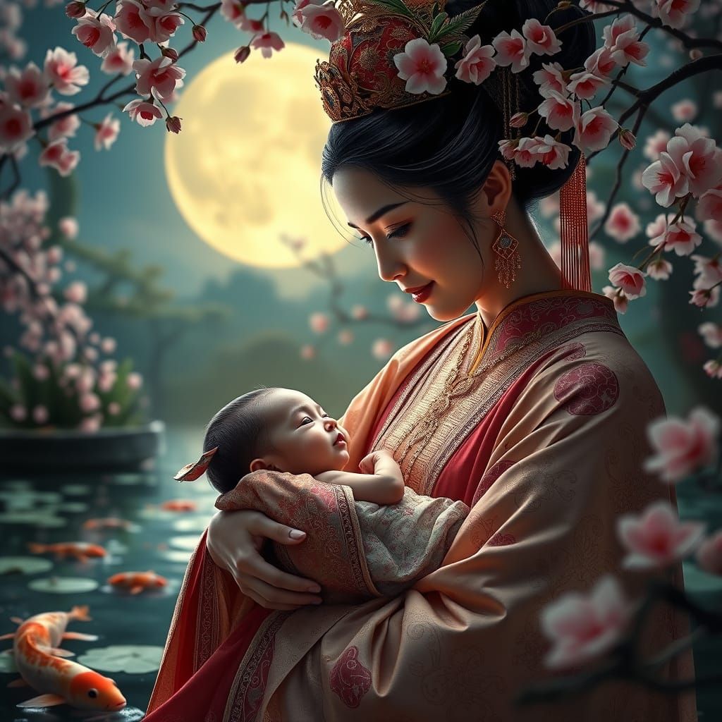 Ancient Chinese Empress in Moonlit Garden with Newborn