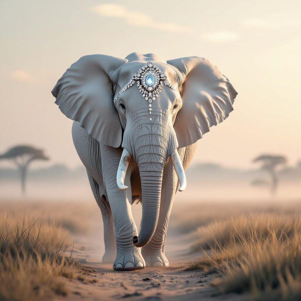Majestic White Elephant with Crystal Jewelry at Sunrise