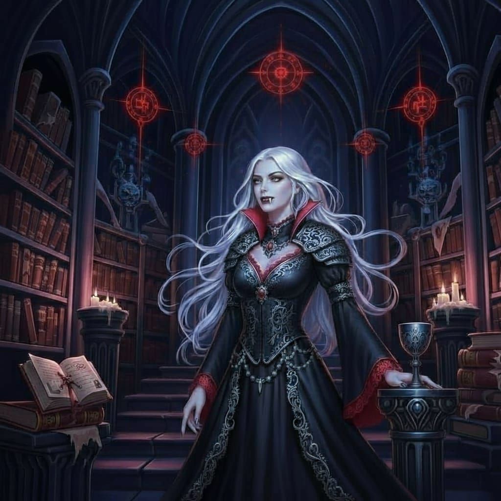 Gothic Vampire Scholar in Obsidian Library