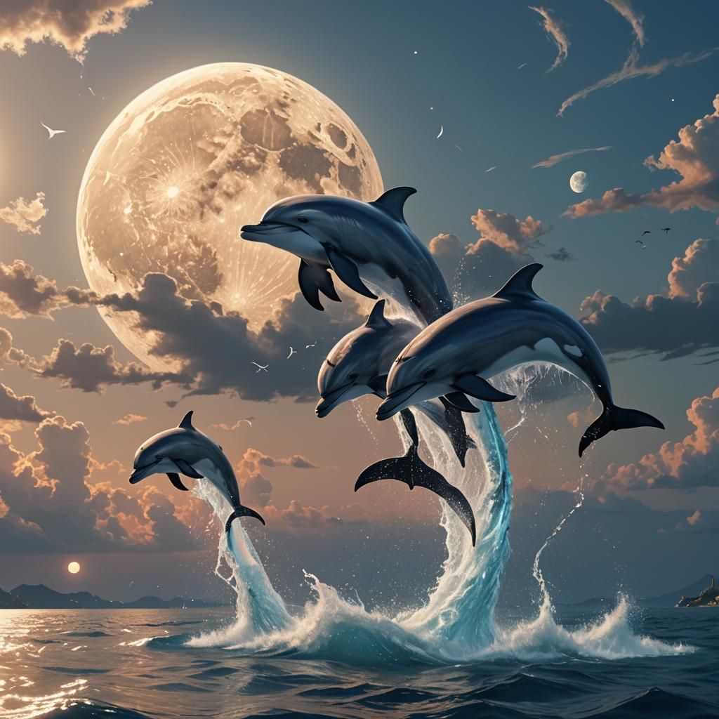 Boat with Dolphins Under Moon in 3D Anime Style