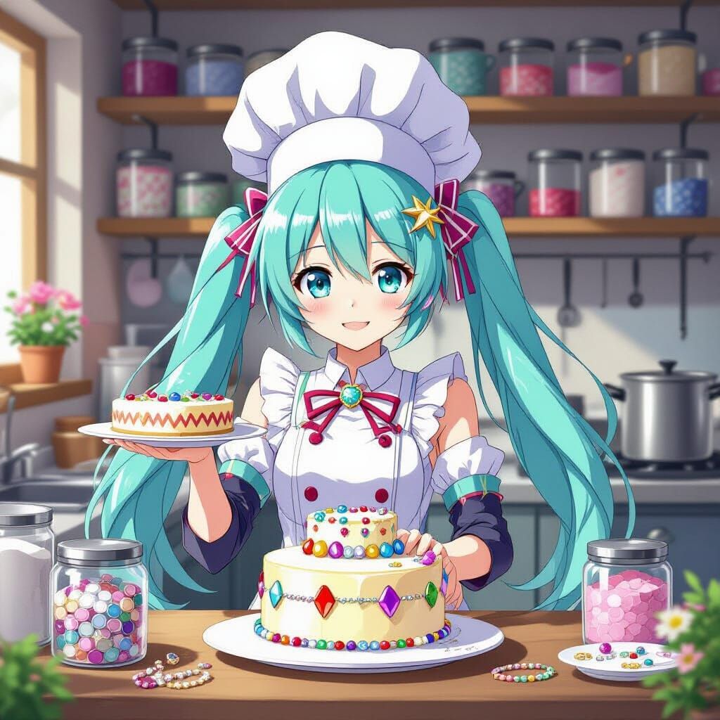 Hatsune Miku Gemstone Cake in Festive Kitchen