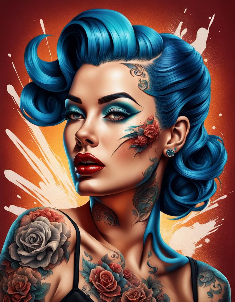Hyperrealistic Pin-Up Girl with Tattoos