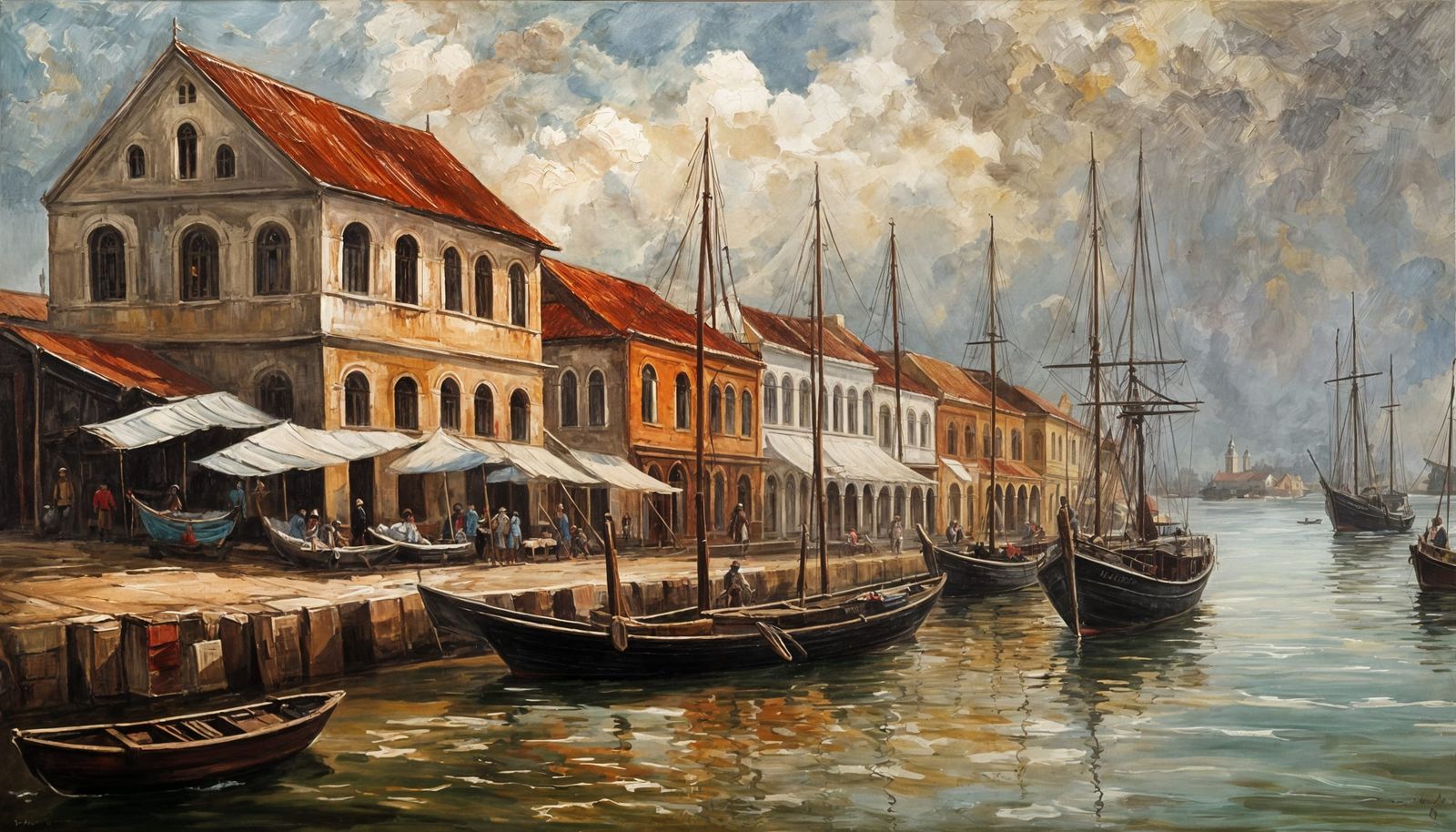 Malacca Harbour Scene in 1900s Oil Painting Style
