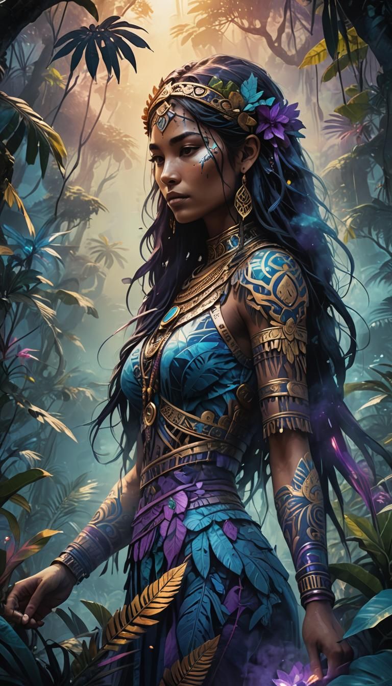 Mystical Inka Humanoid in Jungle, Ink Art