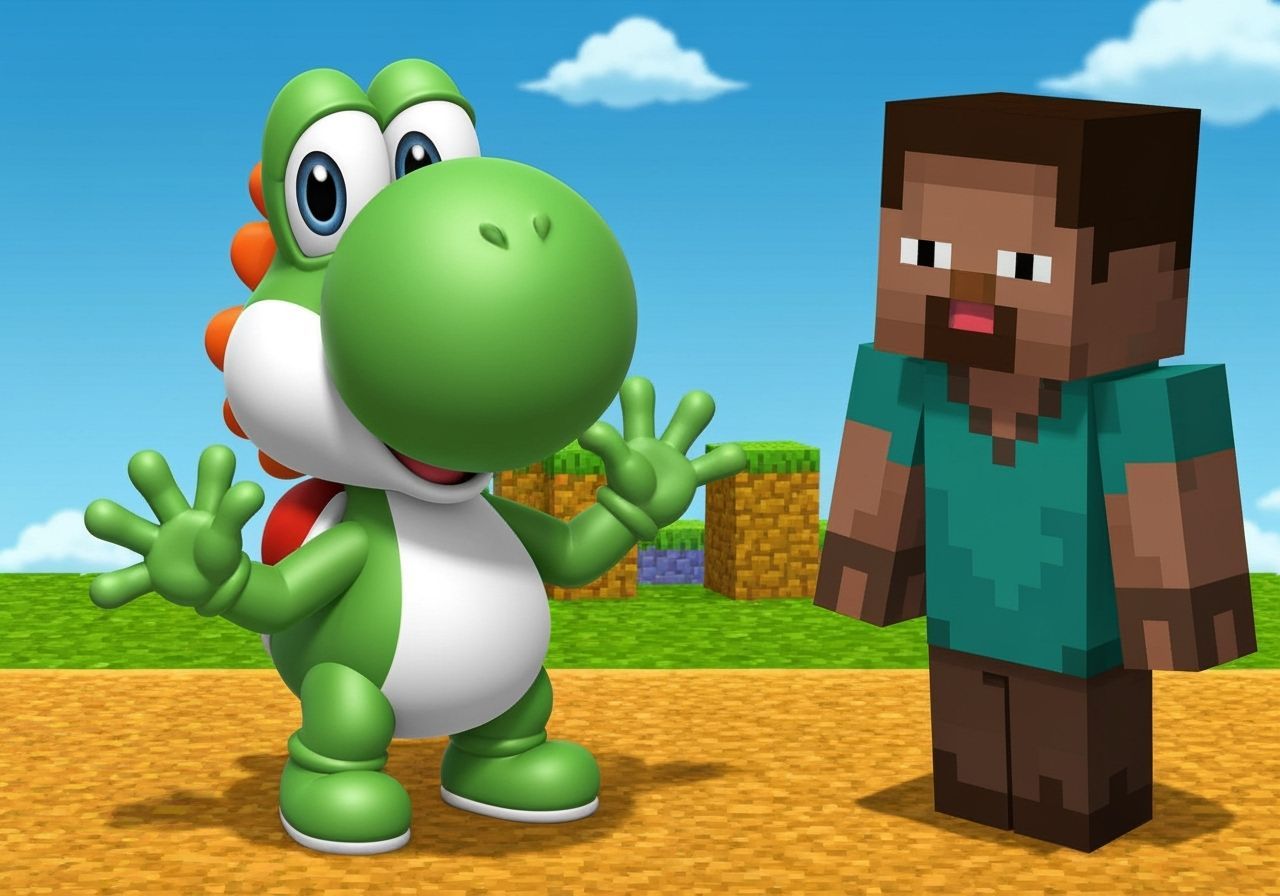 Yoshi and Steve from Minecraft in 8-Bit Style