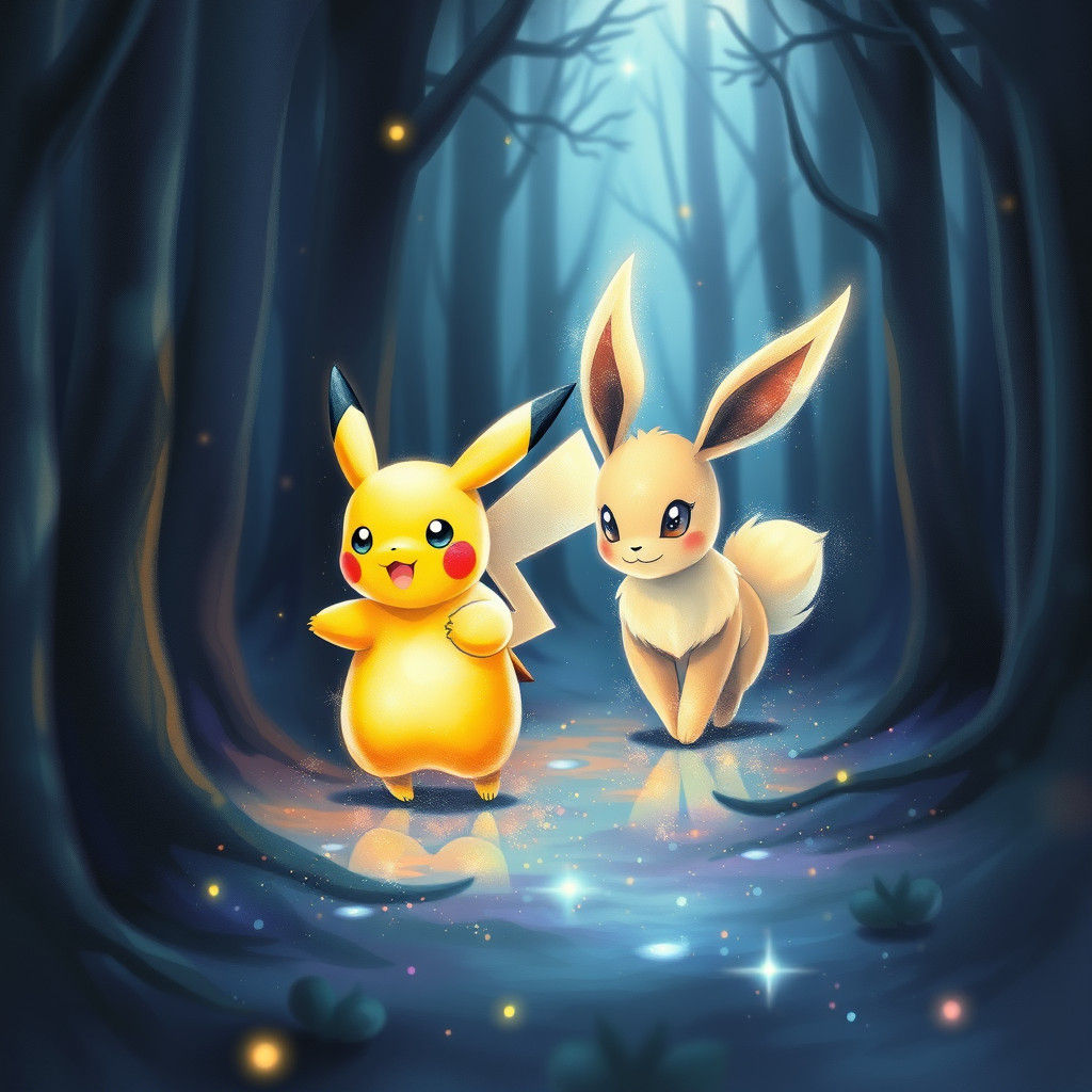 Radiant Pikachu and Eevee in Mystical Forest