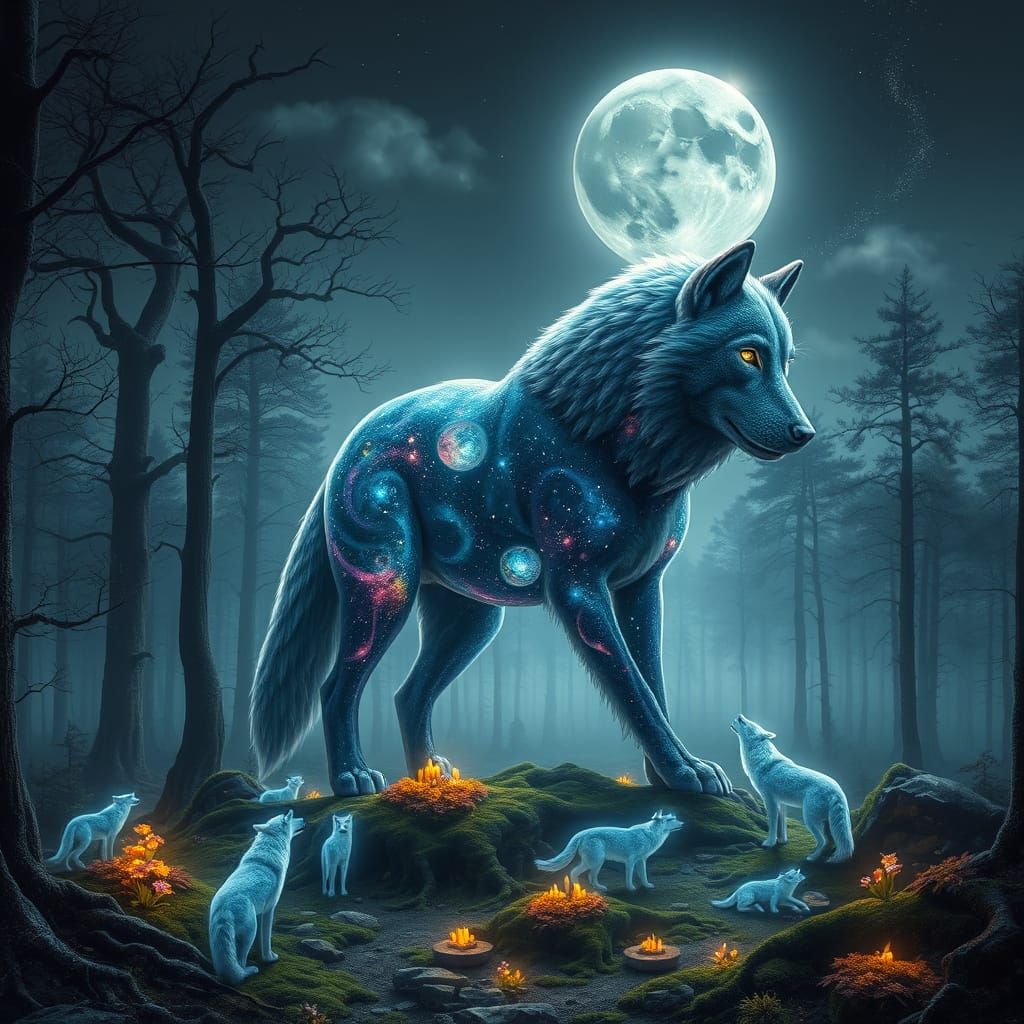 Celestial Dog God in Ancient Forest, Illuminated by Silver M...