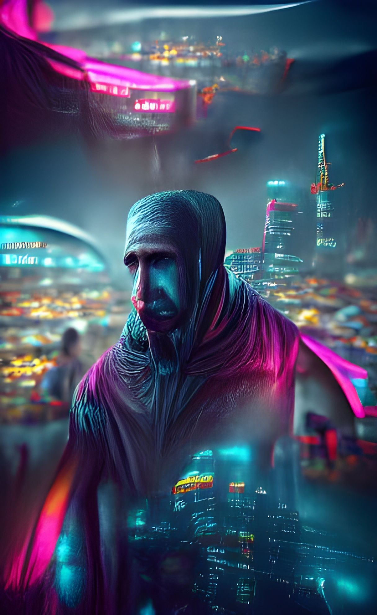 Giant Hooded Figure Appears Over Cyberpunk City