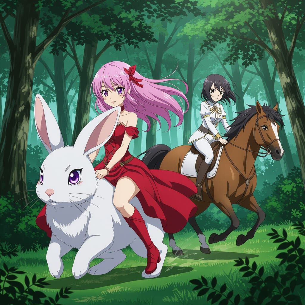 Anime Style Forest Race: Women Riding Giant Rabbit