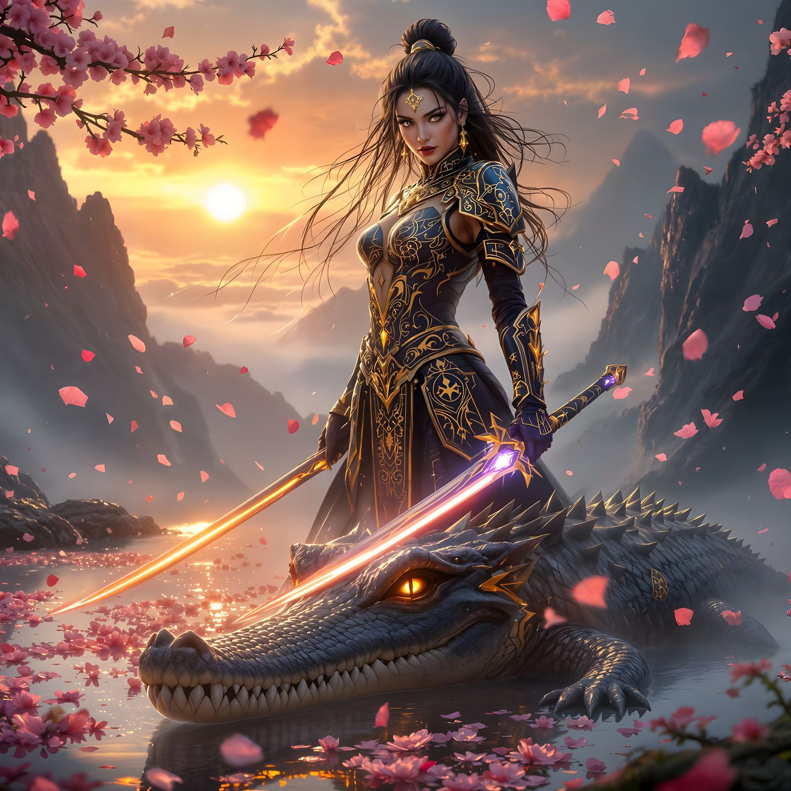 Warrior Queen with Crocodile in Fantasy Landscape