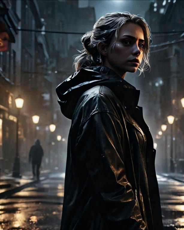 Woman on Dark Street Glances Back Fearfully