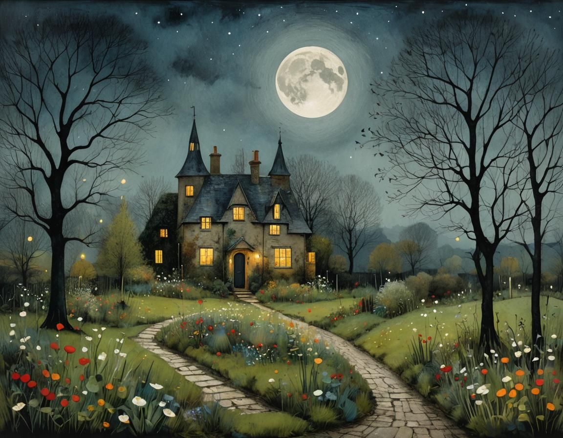 Magical Garden Under Full Moon Illustration