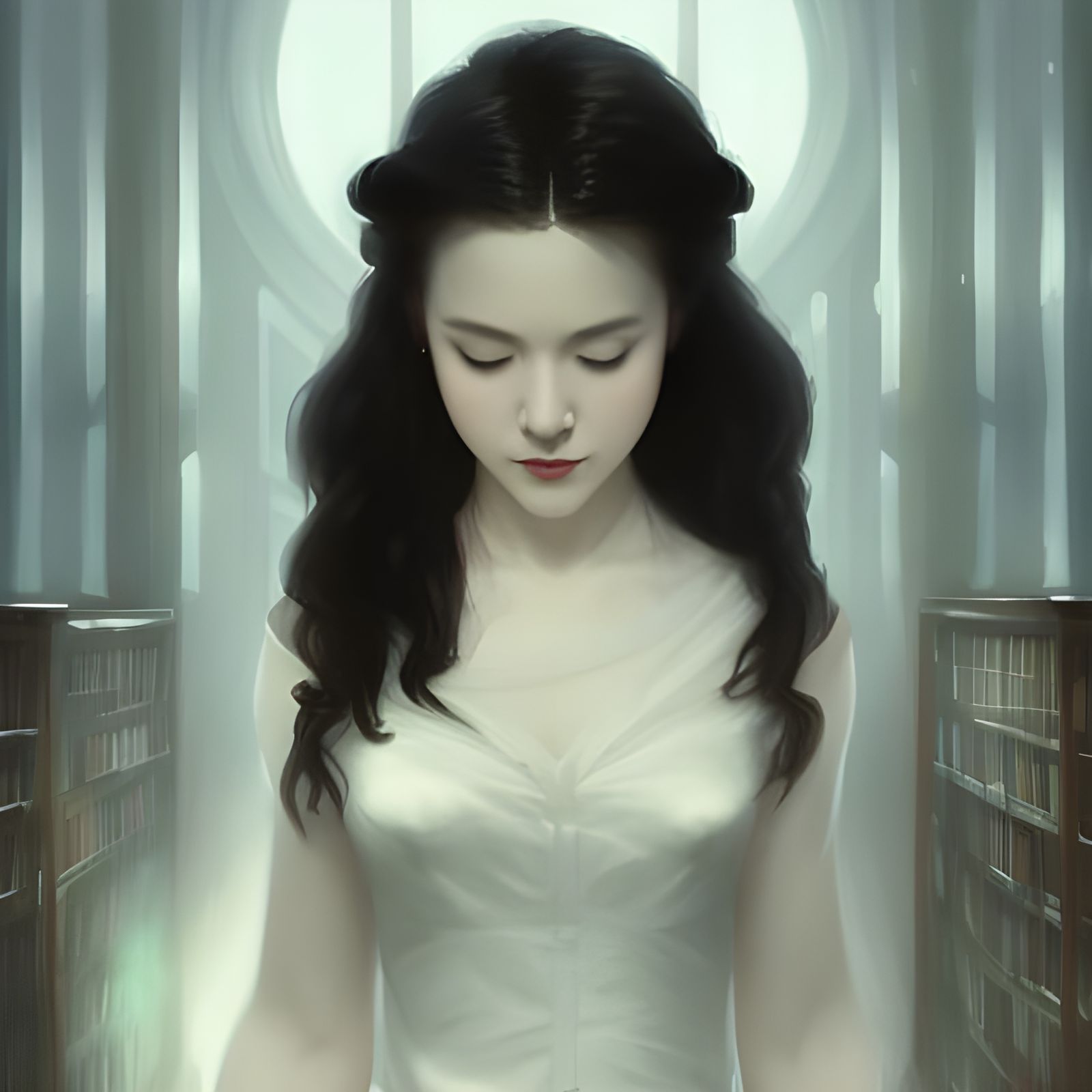 Hauntingly Beautiful Woman in Dark Library