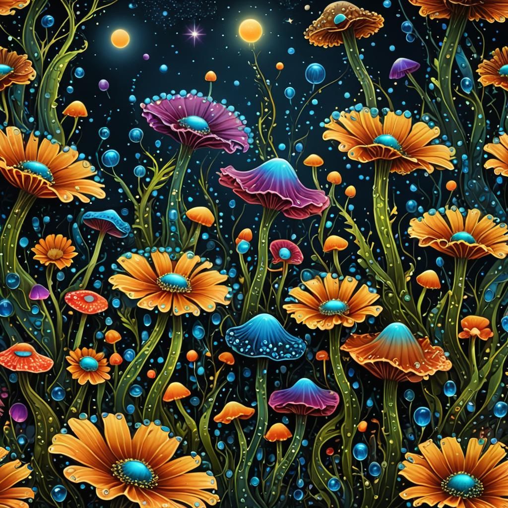 Bioluminescent Fractal Flowers with Starry Dew Drops