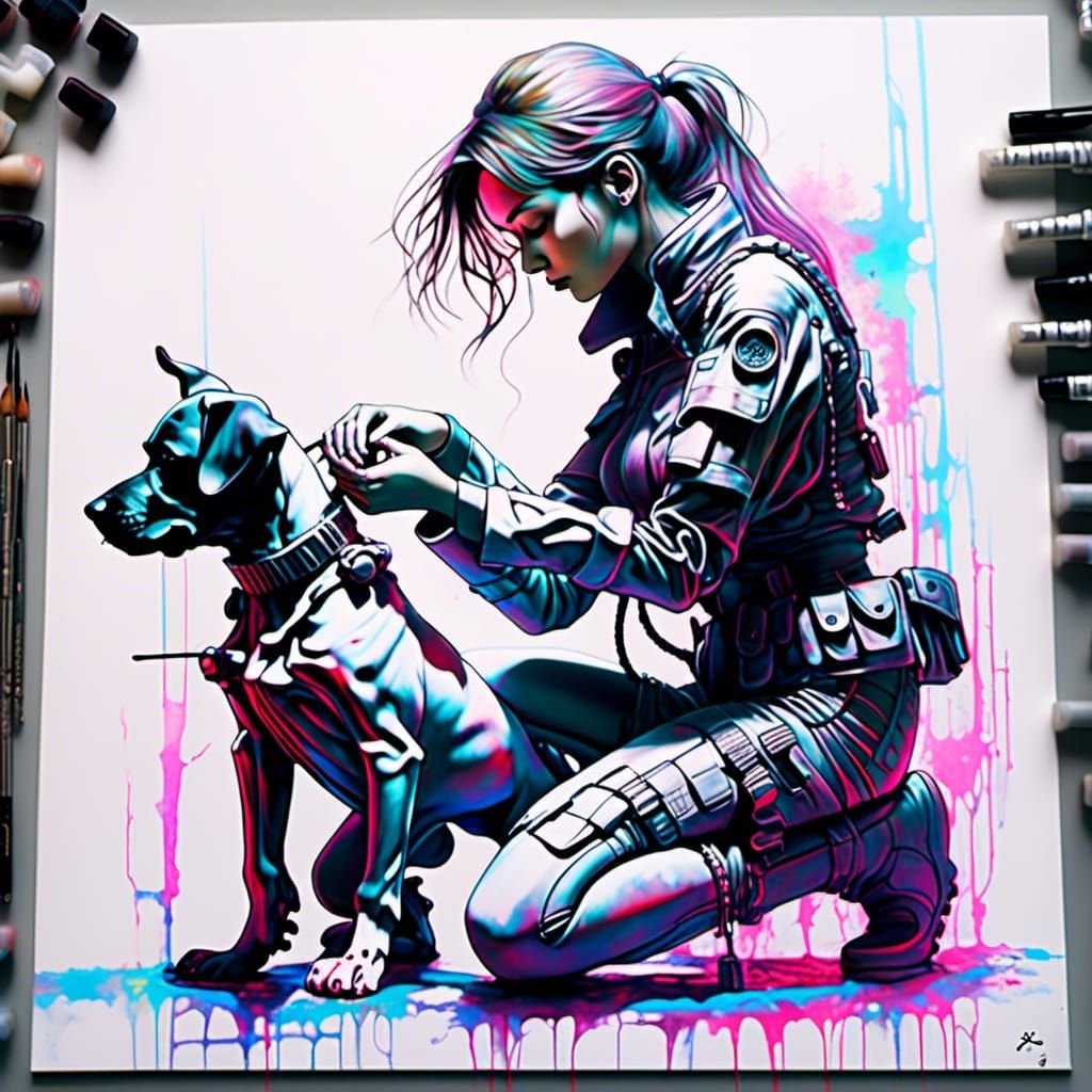 Woman with Puppy in Cyberpunk Airbrush Painting
