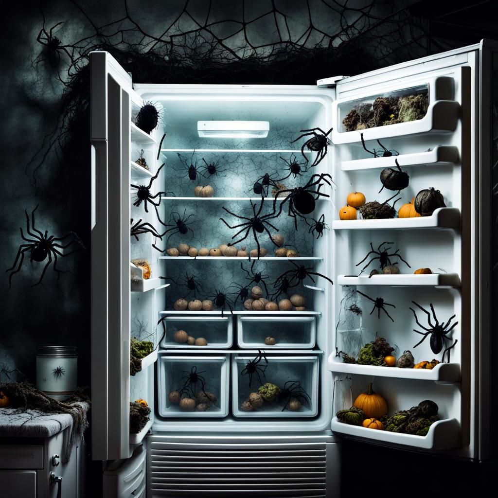 Spooky Fridge Interior with Spiders and Cobwebs