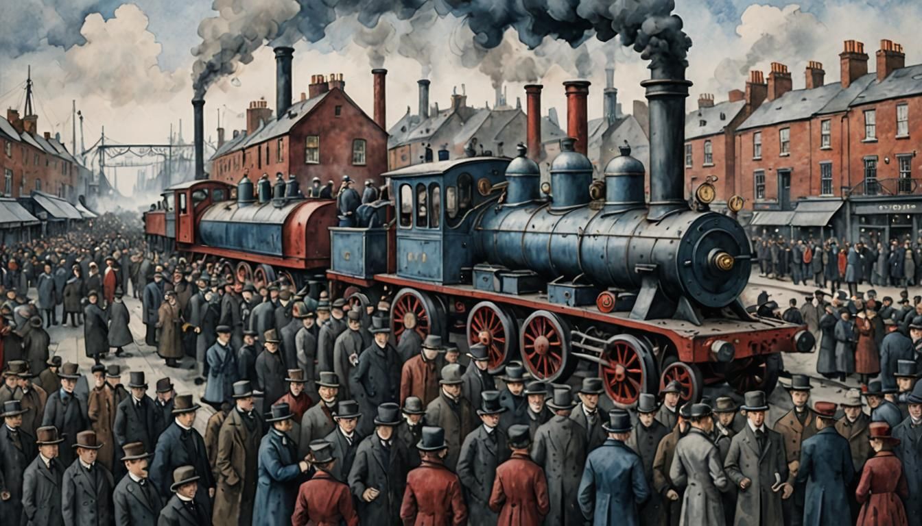 Steampunk Port Crowd Scene in Watercolour Style