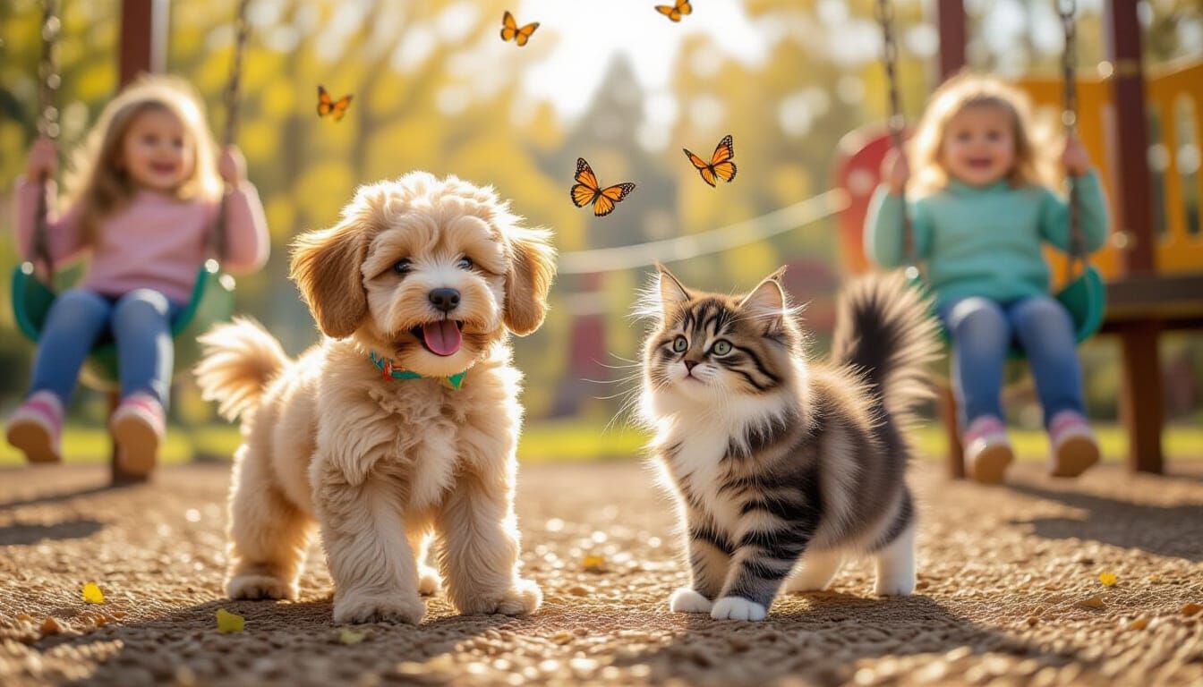 Cute Cockapoo Puppy & Cat Chase Butterflies in Playground