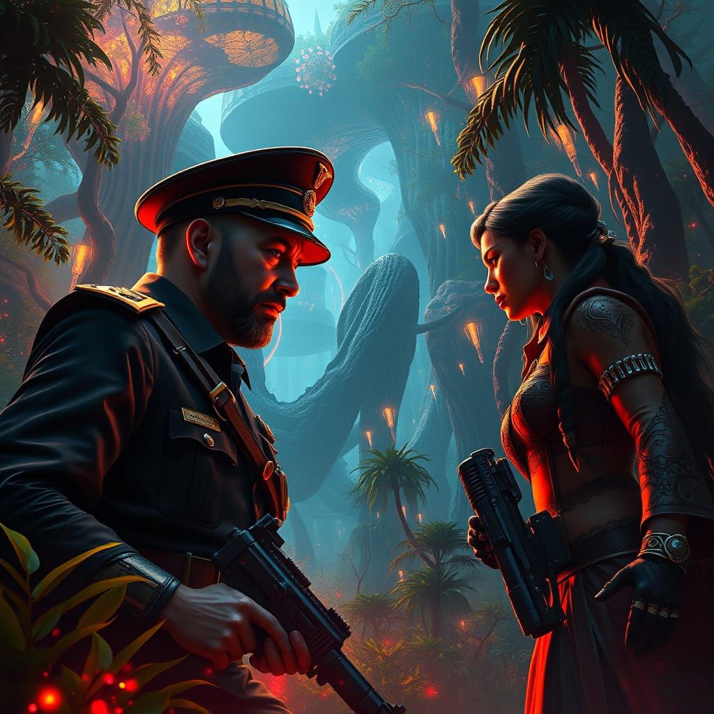 Colonel Quaritch Confronts Trudy in a Bioluminescent Forest