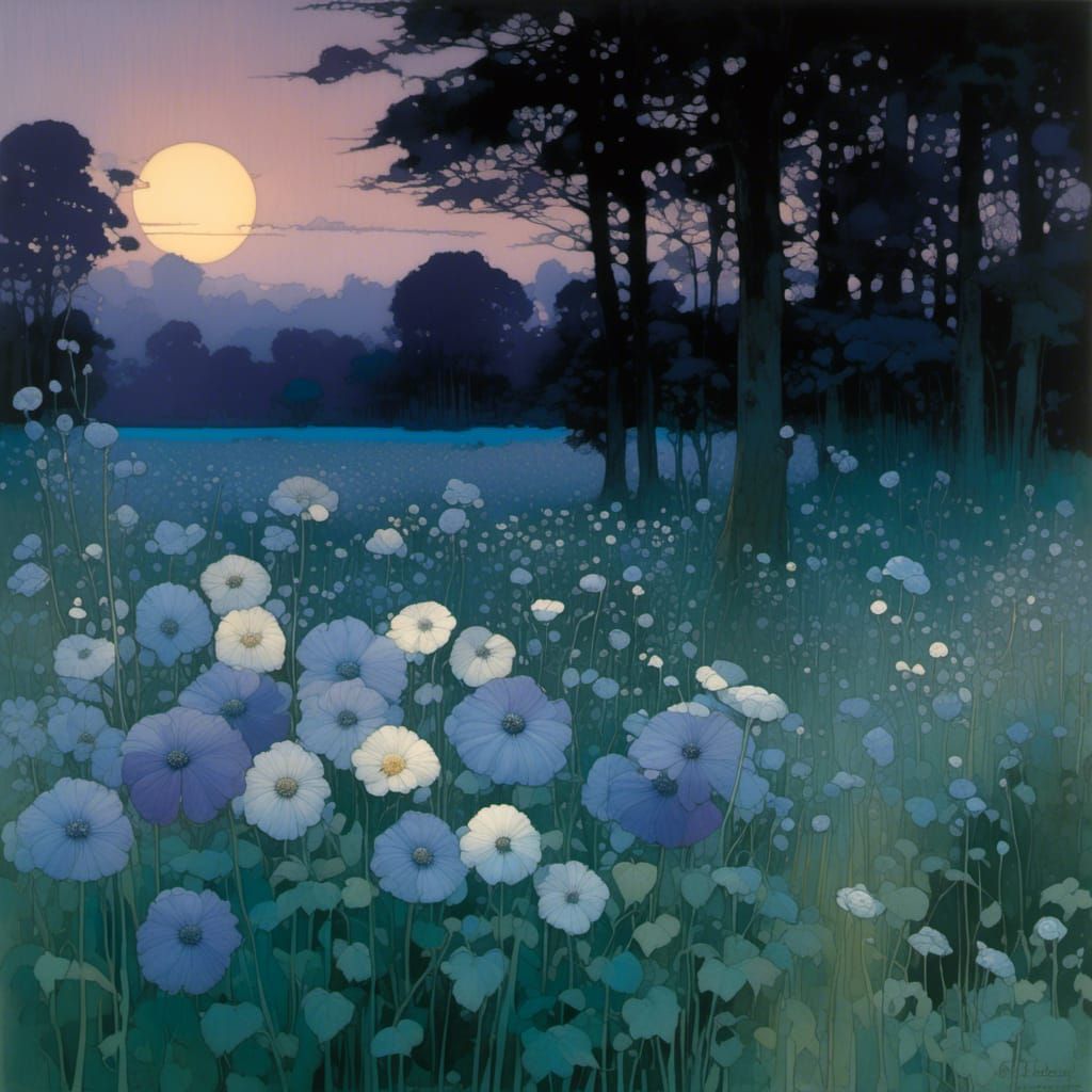 Ethereal Blue Flowers in Soft Light, Art Nouveau Style