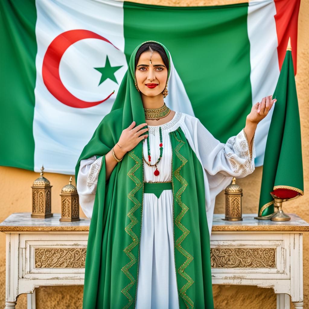 Algerian Woman in Traditional Dress Before Flag