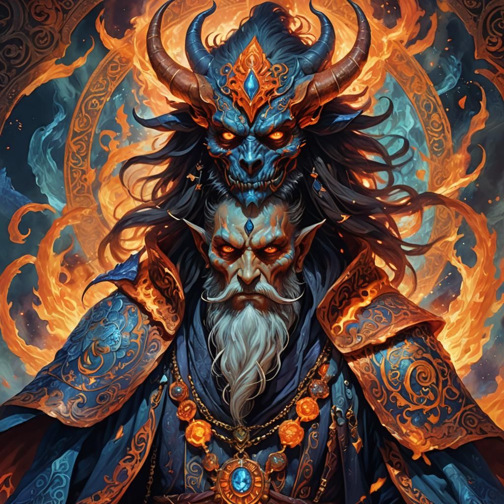 Fire-Tailed Demon Wizard Portrait in Fantasy Art Style
