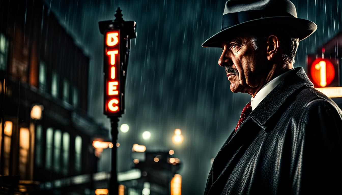 Noir Detective in Rain, Photorealistic Film Still