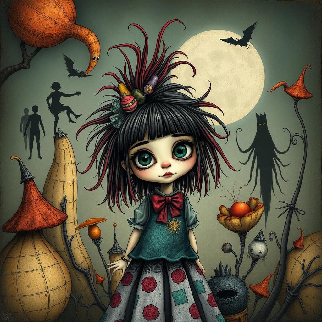 Whimsical Girl in Dreamscape: Art Brut Hand-Drawn Style