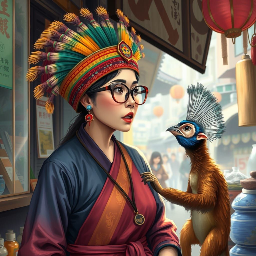 Stylish Shopkeeper Scolds Mischievous Pet in Bustling City