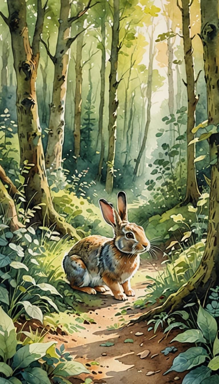 Rabbit in Forest Watercolor Illustration