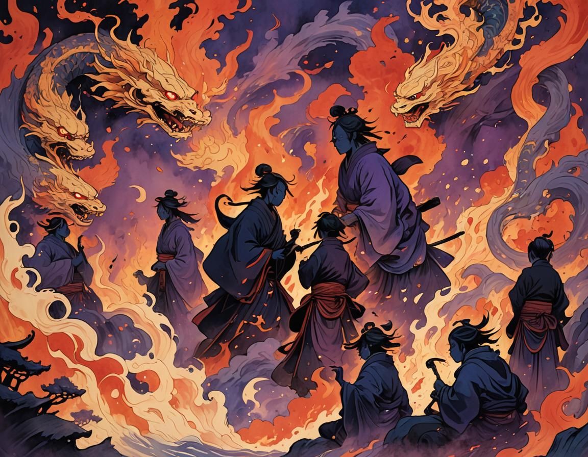 Yokai Silhouettes in a Fiery Japanese Hellscape