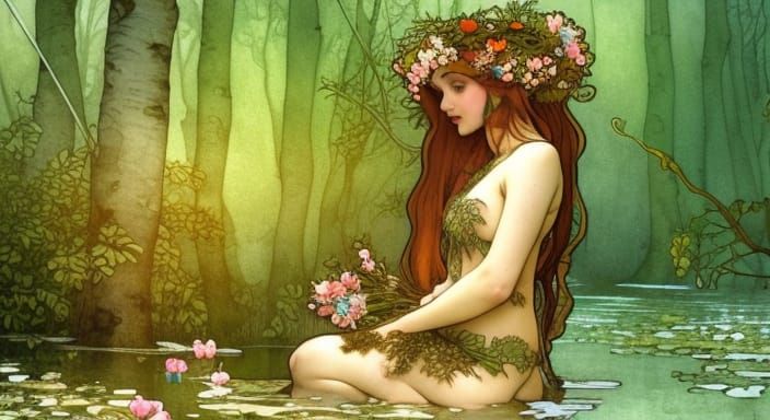 Slavic Mermaid in Forest Pond, Watercolor Illustration