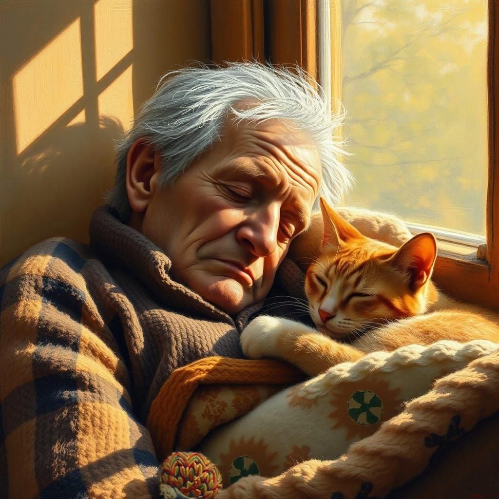 Old Man and Cat Sleeping in Sunlight
