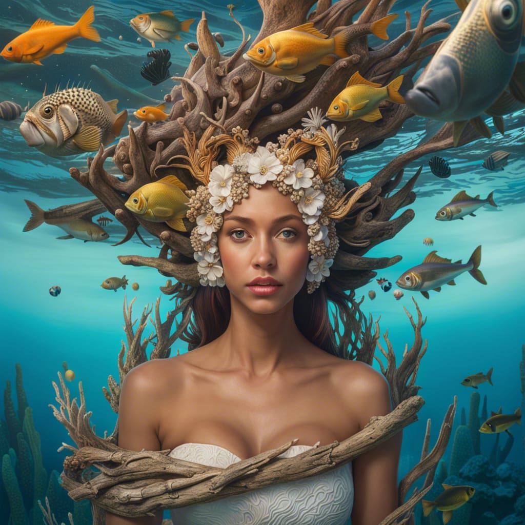 Submerged Queen with Driftwood Crown, Detailed Digital Art