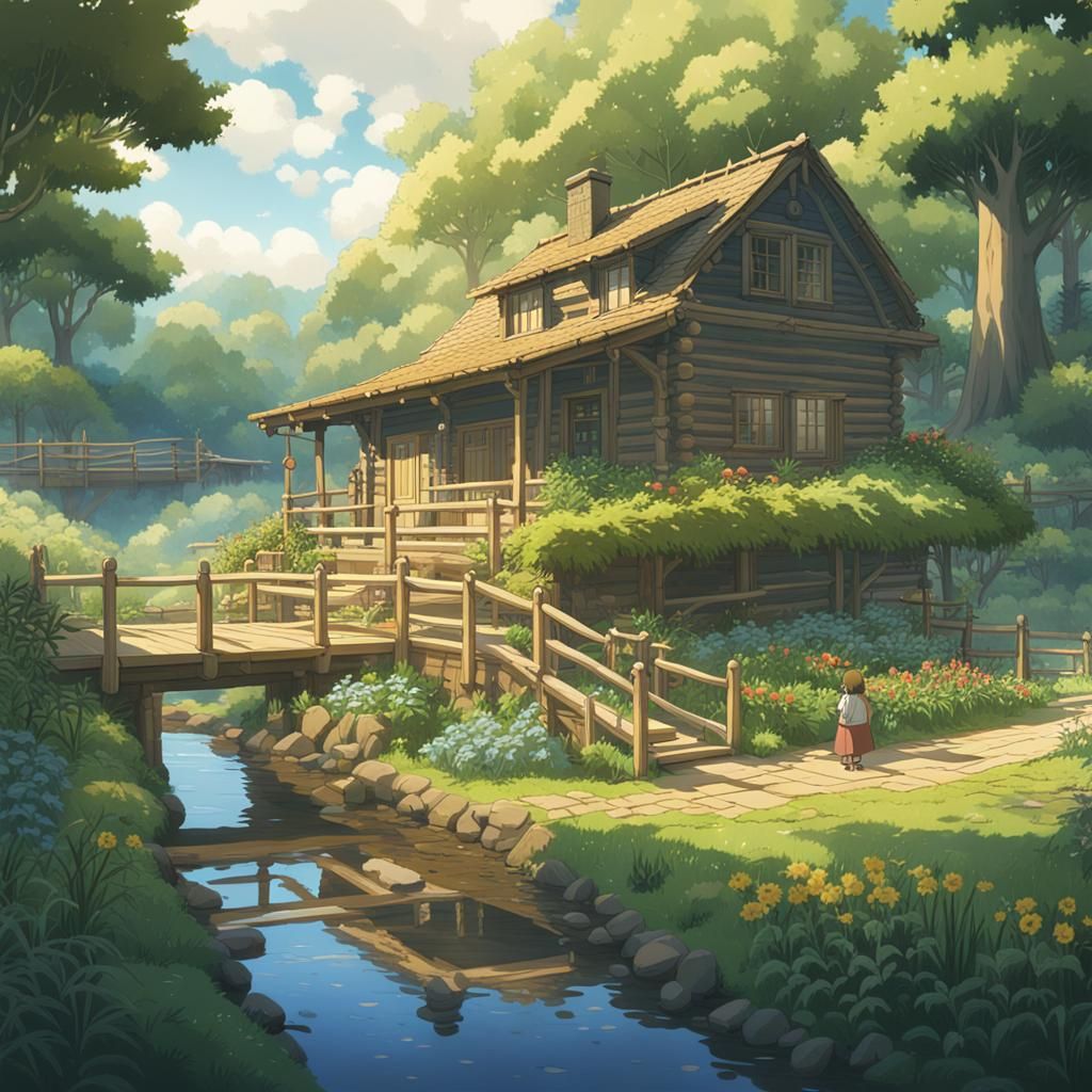 Log Cabin in Woods: Studio Ghibli Anime