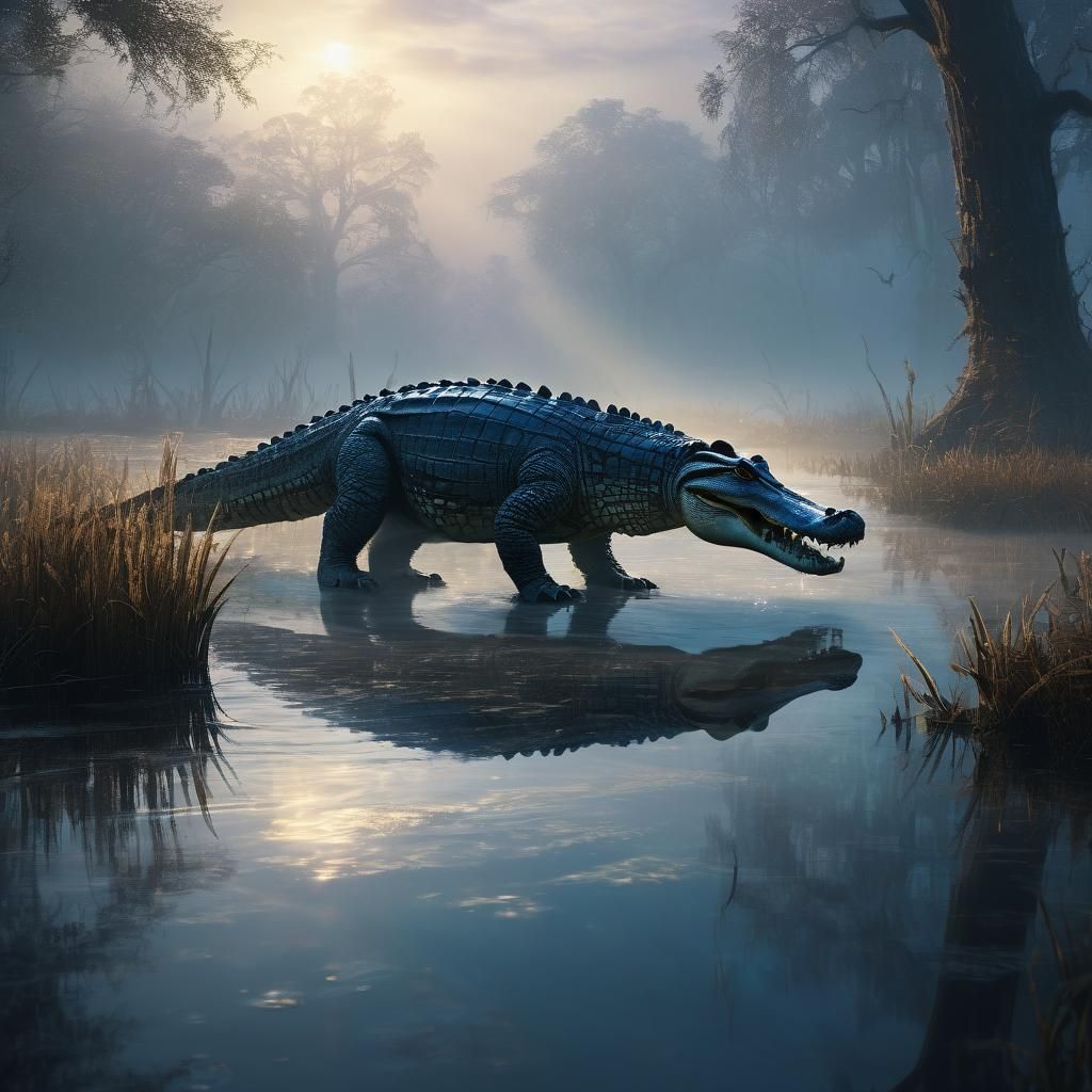 Alligator Hunting Deer in Misty Marsh