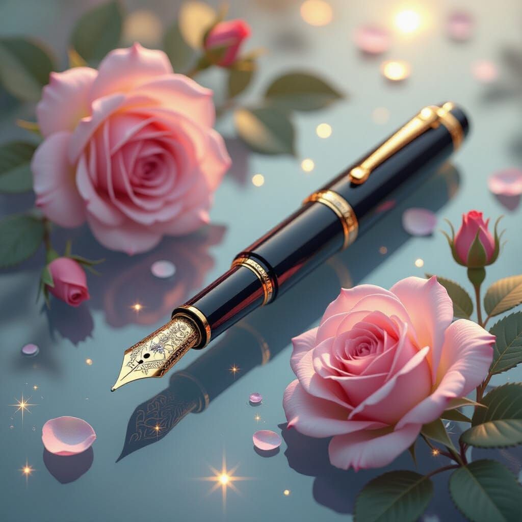 Ornate Fountain Pen with Roses in Art Nouveau Style