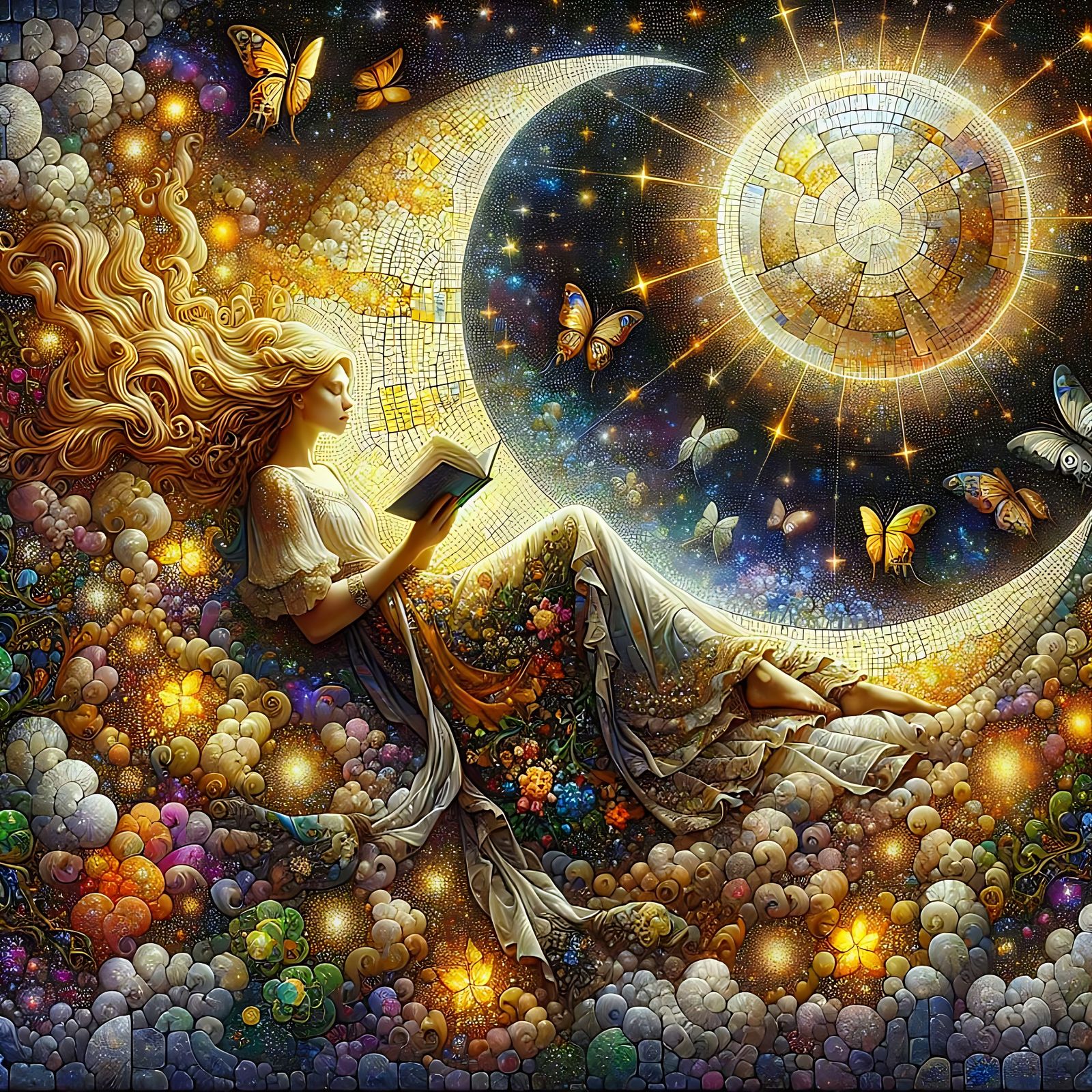 Woman Reading on Cloud in Byzantine Mosaic Style