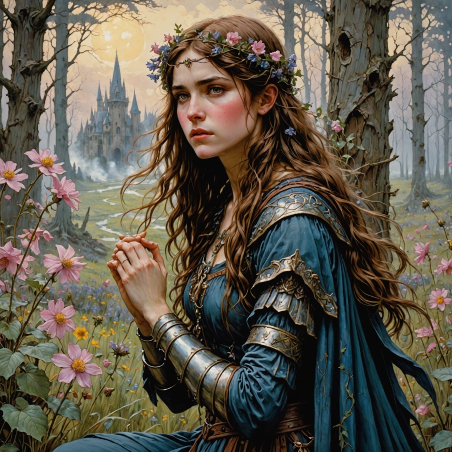 Whimsical Fairy Amidst Medieval Floral Paradise