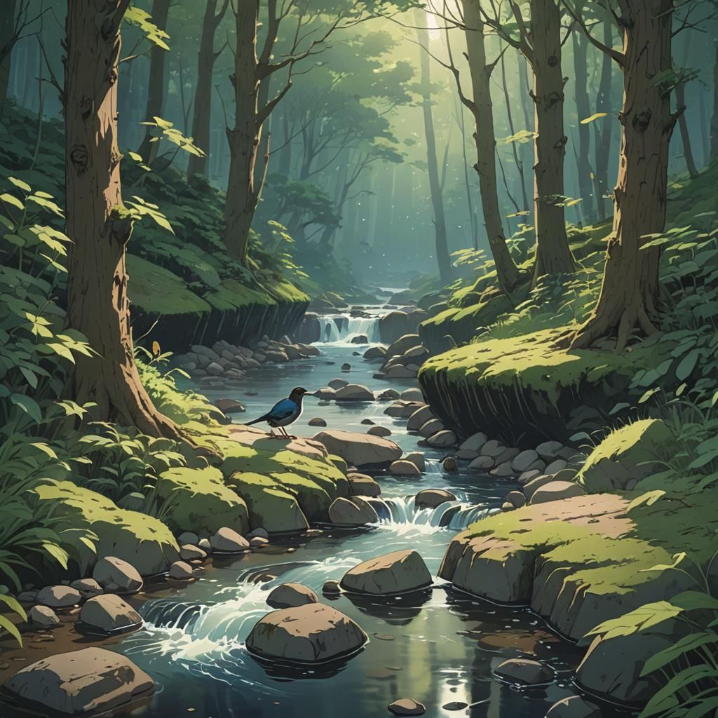 Dipper Bird by Stream: Studio Ghibli Anime